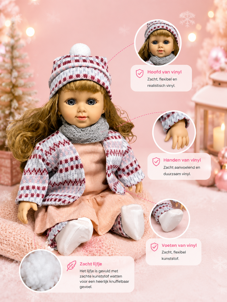 Cufan Knuffelpop 40 cm - Zacht Lijfje &amp; Winterkleding &ndash; Vinyl Pop met Acryl Ogen
