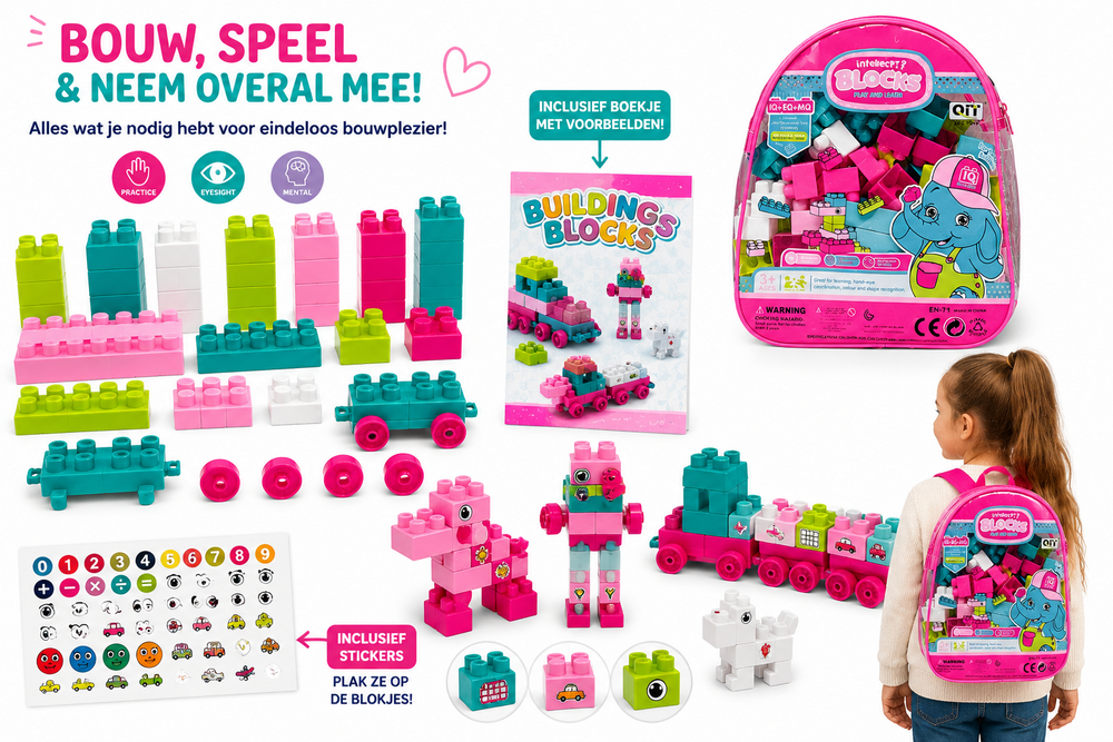 Speelgoed Bouwblokken met Rugtasje &ndash; Inclusief Voorbeeldenboekje &amp; Stickers &ndash; Bouwset voor Kinderen
