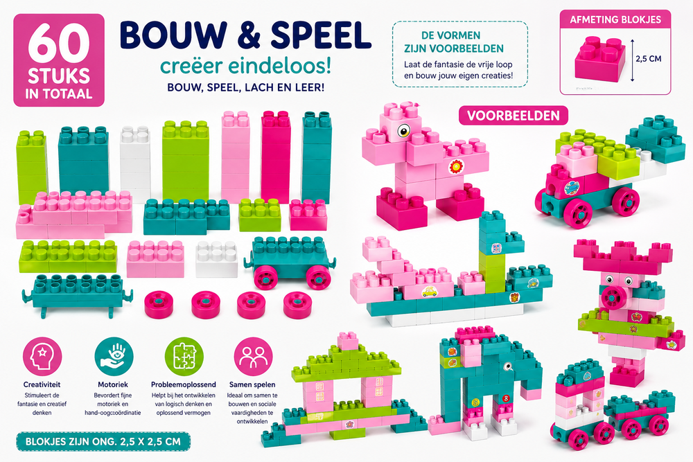 Speelgoed Bouwblokken met Rugtasje &ndash; Inclusief Voorbeeldenboekje &amp; Stickers &ndash; Bouwset voor Kinderen