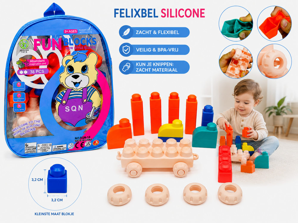 Silicone Building Blocks in Backpack &ndash; 38 Pieces &ndash; Soft Flexible Blocks for Toddlers