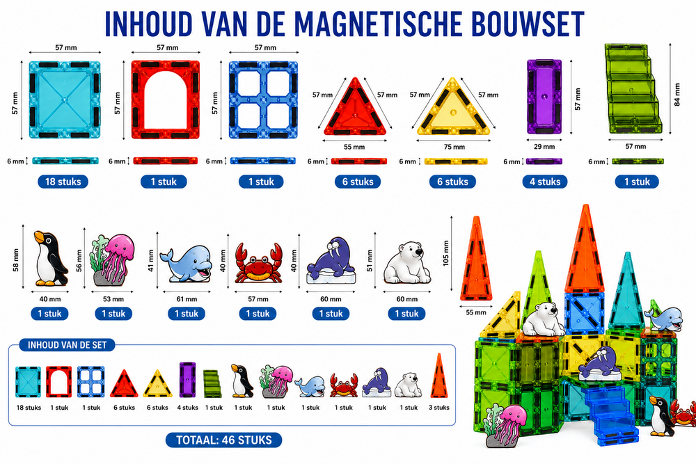 Magnetische Tegels Bouwstenen Oceaan 46 Stuks &ndash; Educatief Magnetisch Speelgoed voor Kinderen vanaf 3 Jaar