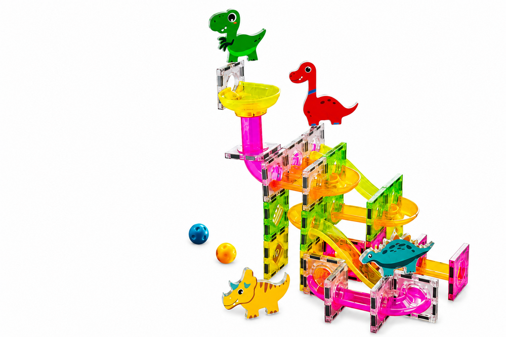 Magnetische Knikkerbaan Dino 76-delig &ndash; Bouwset voor Kinderen met Dinosaurussen, Ballen &amp; Transparante Magnetische Bouwstenen