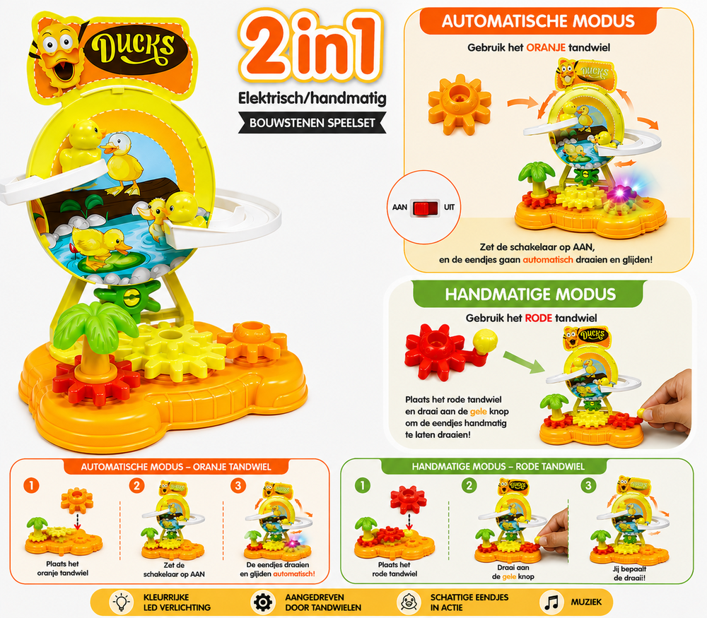 Ducks Eendjesbaan 2-in-1 &ndash; Automatische Eendjes Glijbaan met LED Licht &amp; Muziek