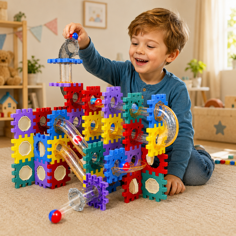 Bouwblokken &amp; Knikkerbaan Set &ndash; 110-delige Creatieve Bouwset met Transparante Buizen
