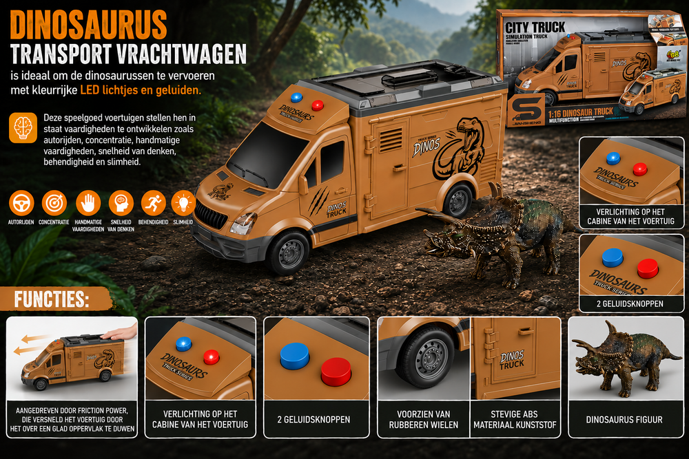 Dinosaur Truck - Frictie Transport voertuig - Licht en geluid - incl. dinosaurus figuur - vrachtwagen