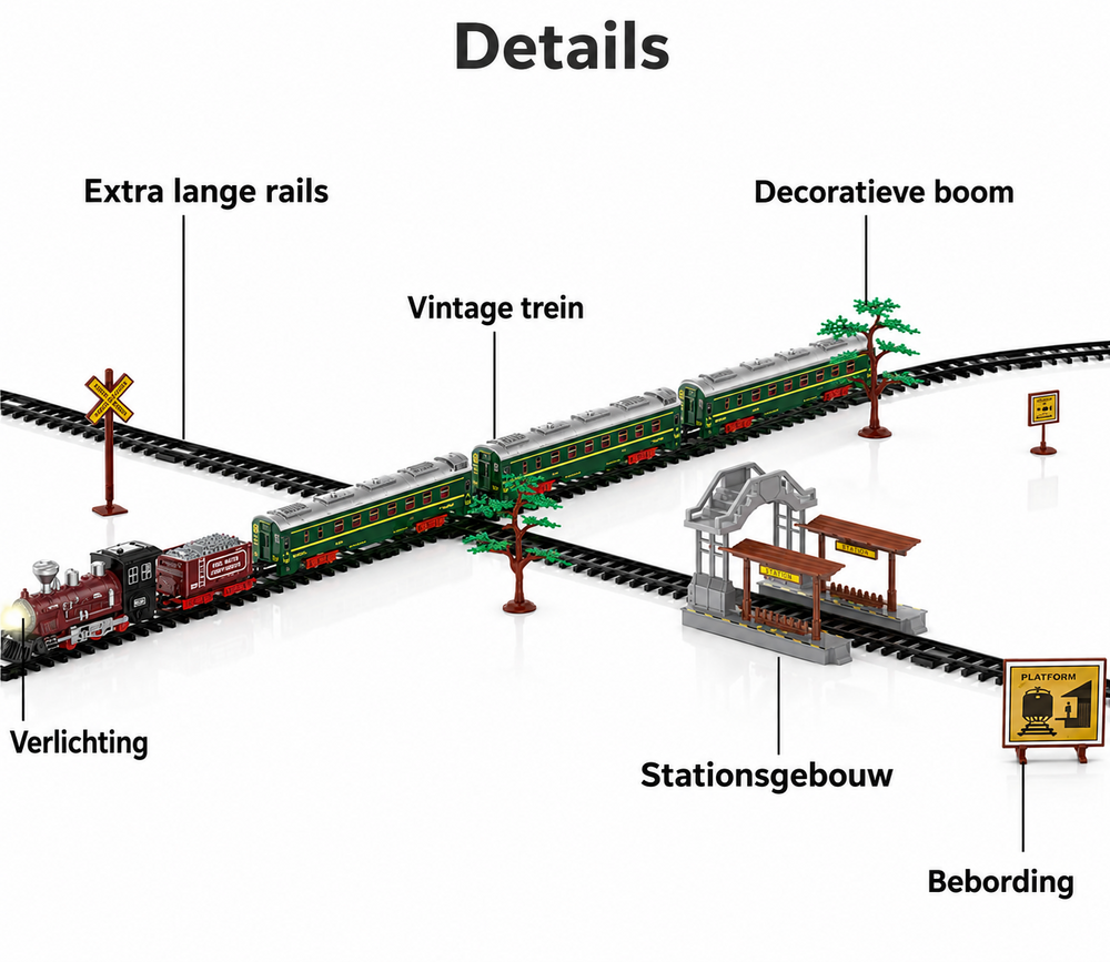 Elektrische trein - Klassieke - Met wagons, rails, geluid en led verlichting - Spoorrijtuig - 19 onderdelen vintage trein
