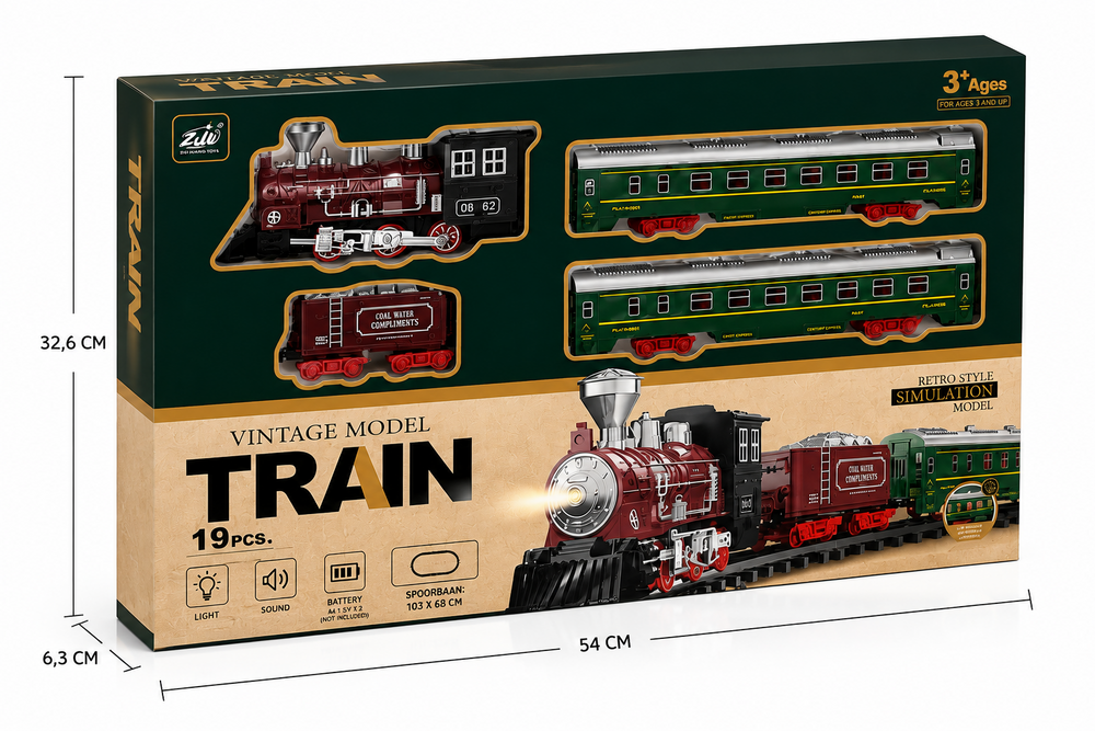 Elektrische trein - Klassieke - Met wagons, rails, geluid en led verlichting - Spoorrijtuig - 19 onderdelen vintage trein