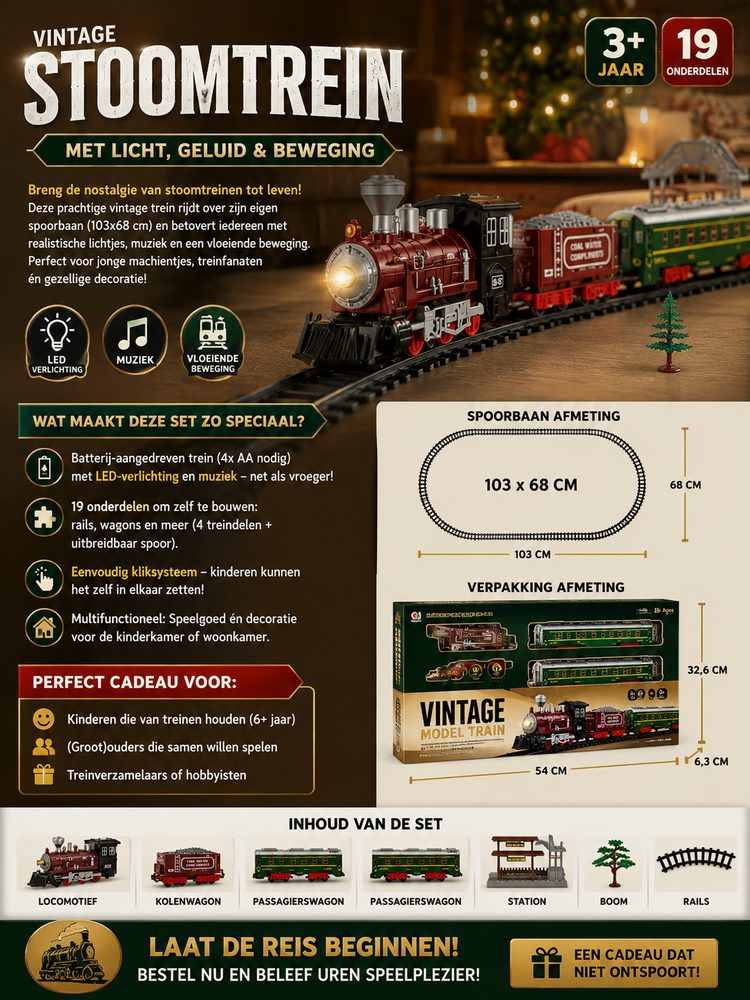 Elektrische trein - Klassieke - Met wagons, rails, geluid en led verlichting - Spoorrijtuig - 19 onderdelen vintage trein