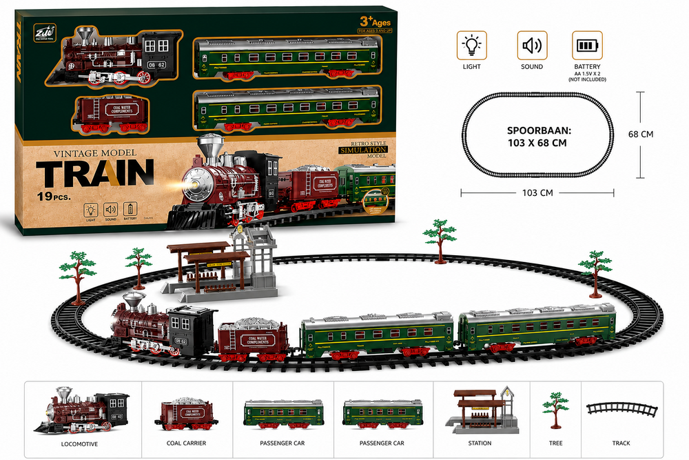 Elektrische trein - Klassieke - Met wagons, rails, geluid en led verlichting - Spoorrijtuig - 19 onderdelen vintage trein