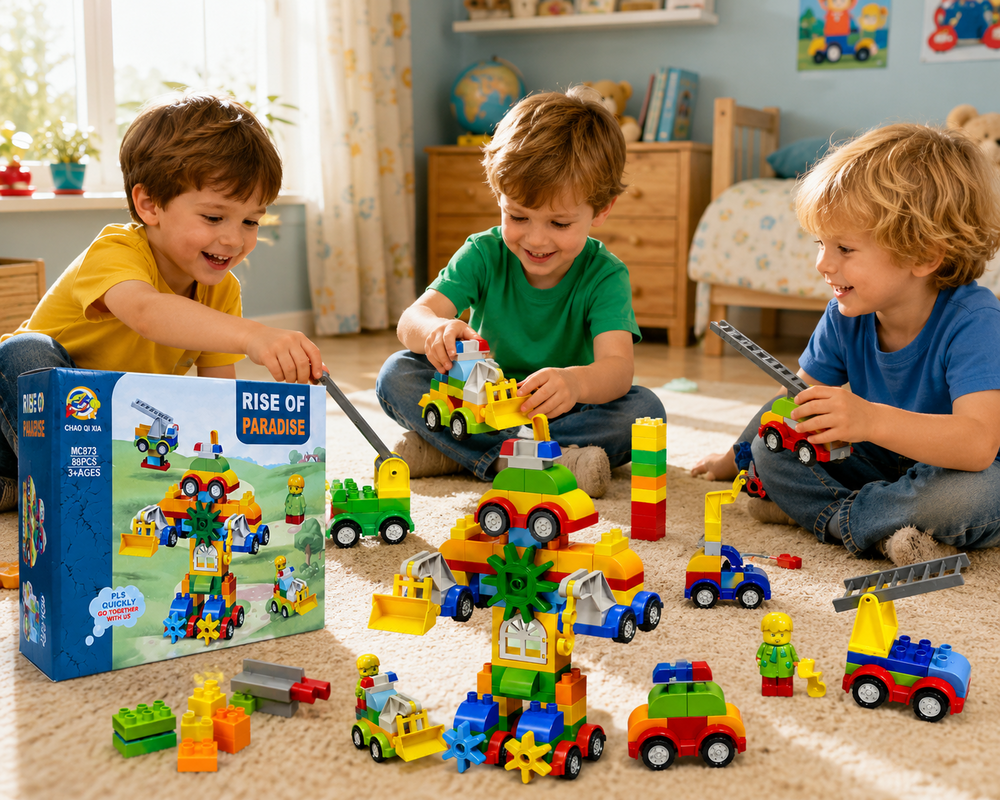 Bouwblokken Bouwset 88 Stuks &ndash; Bouwstenen Constructieset met Voertuigen, Kraan &amp; Graafmachine