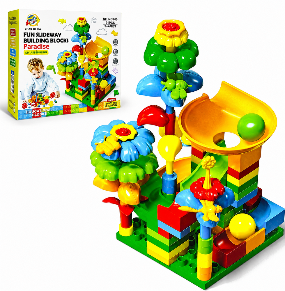 Fun Slideway Paradise - Building Blocks Toy Set - 91 Pieces - Building Blocks Marble Run