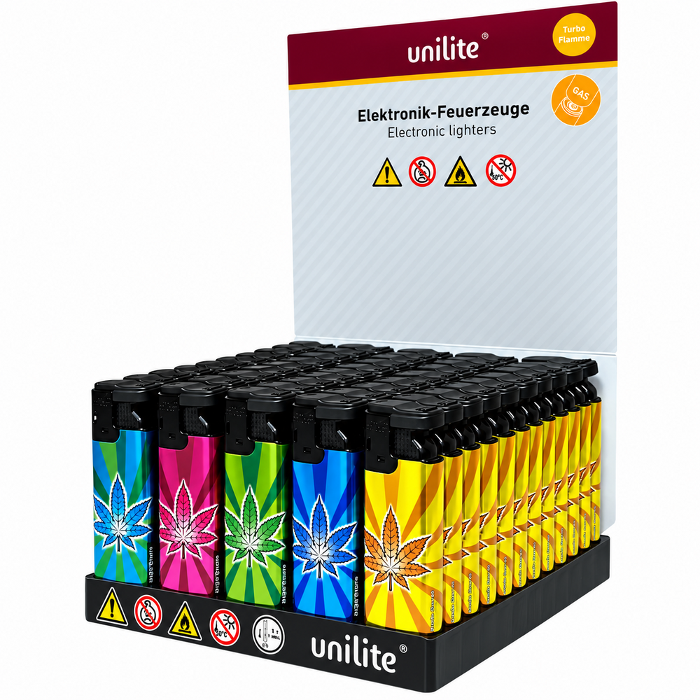 Powerful Turbo Lighters 50 pieces in tray - Magic Greens Cannabis print Unilite&reg;