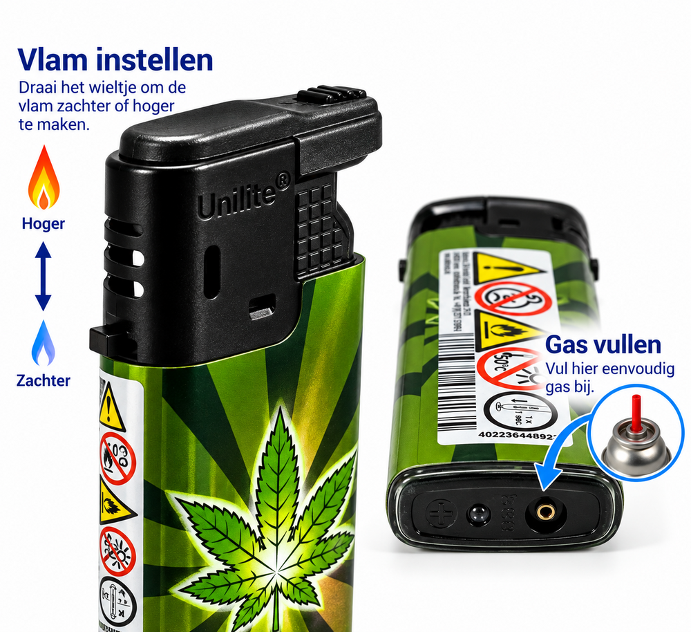 Powerful Turbo Lighters 50 pieces in tray - Magic Greens Cannabis print Unilite&reg;