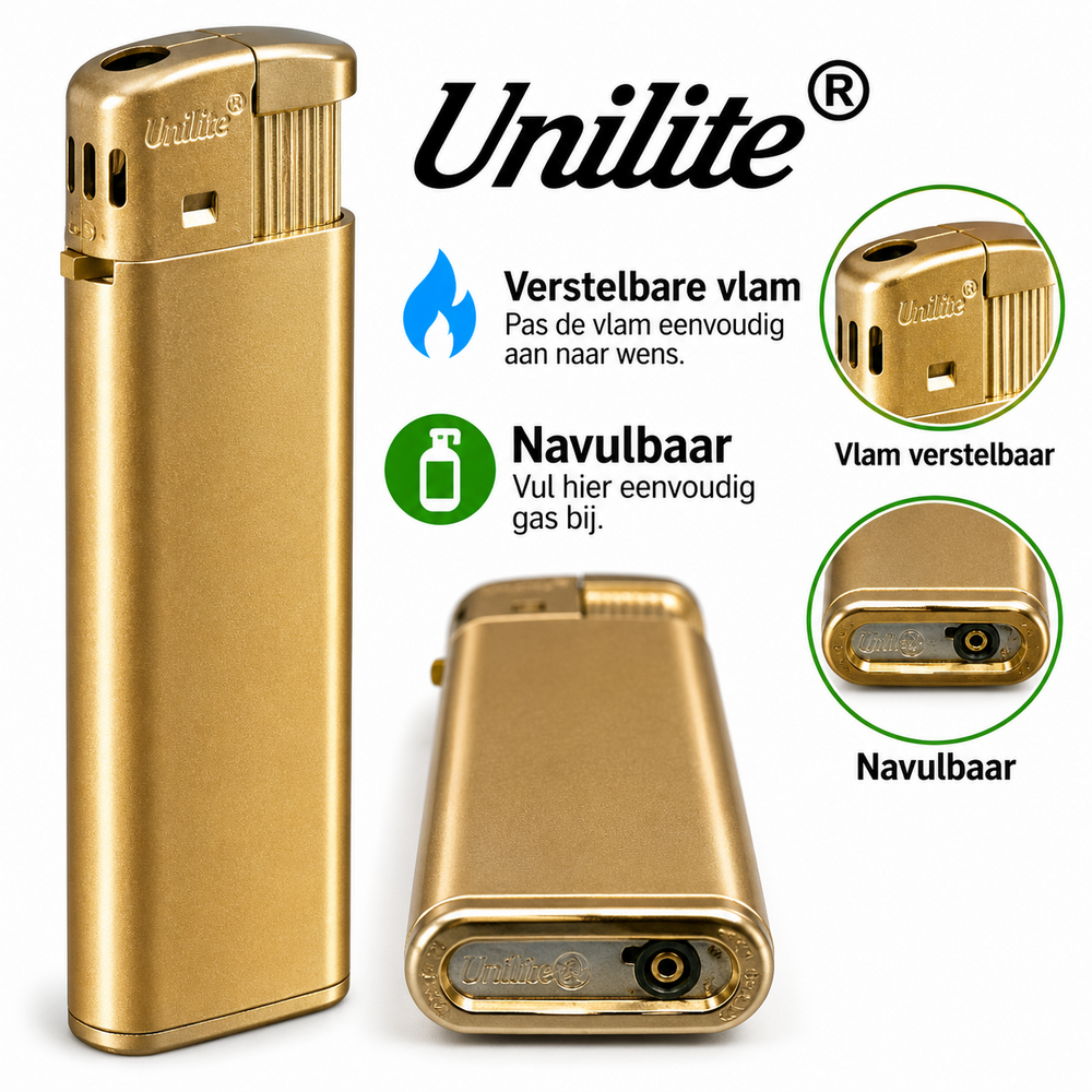 Unilite&reg; Blanco Bedrukbare Aanstekers &ndash; Goud &ndash; 50 Stuks in Tray