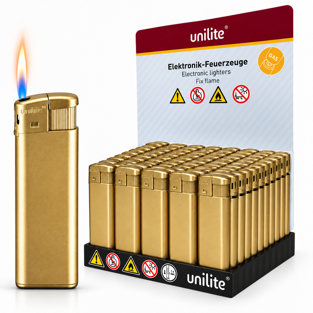Unilite&reg; Blanco Bedrukbare Aanstekers &ndash; Goud &ndash; 50 Stuks in Tray