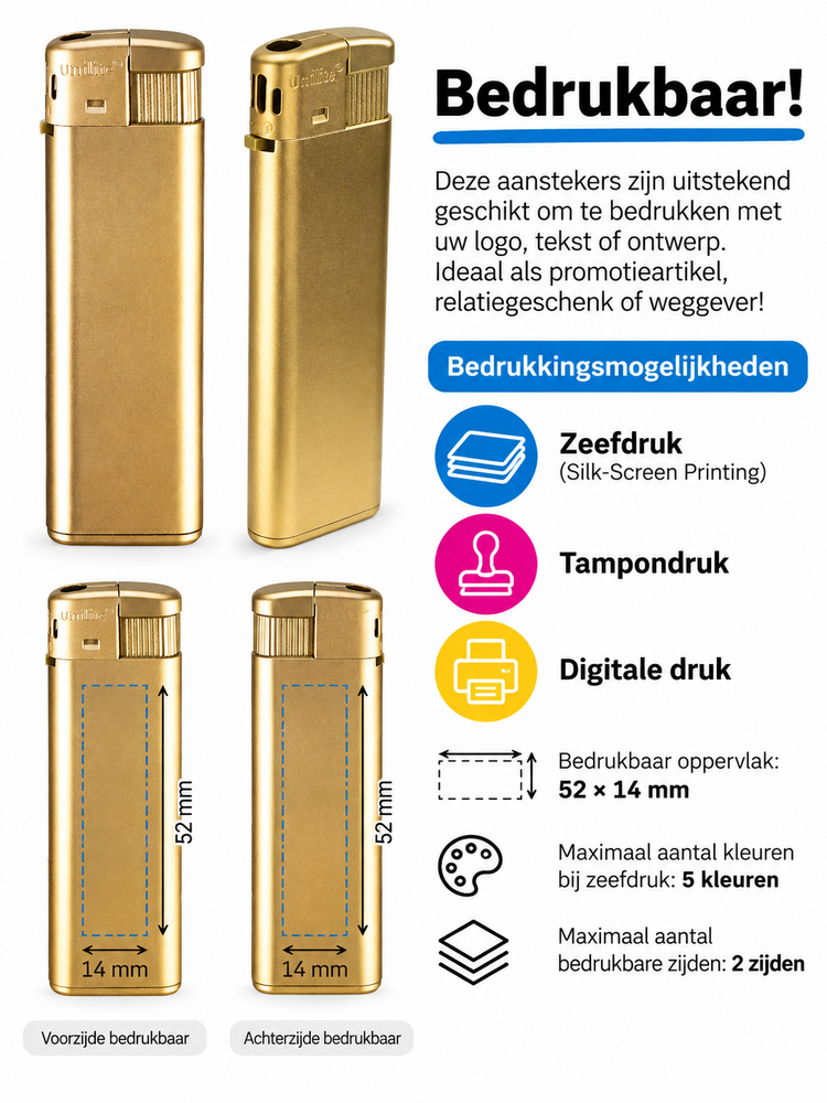 Unilite&reg; Blanco Bedrukbare Aanstekers &ndash; Goud &ndash; 50 Stuks in Tray