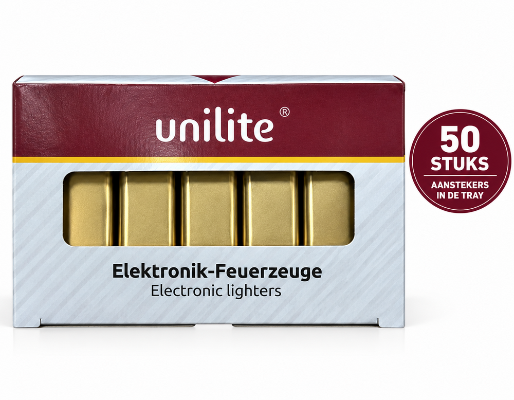 Unilite&reg; Blanco Bedrukbare Aanstekers &ndash; Goud &ndash; 50 Stuks in Tray