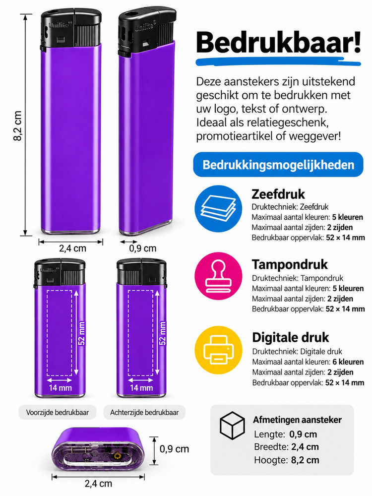 Unilite&reg; NC Lila paars Blanco Bedrukbare Aanstekers &ndash; Zacht vlam - 50 stuks