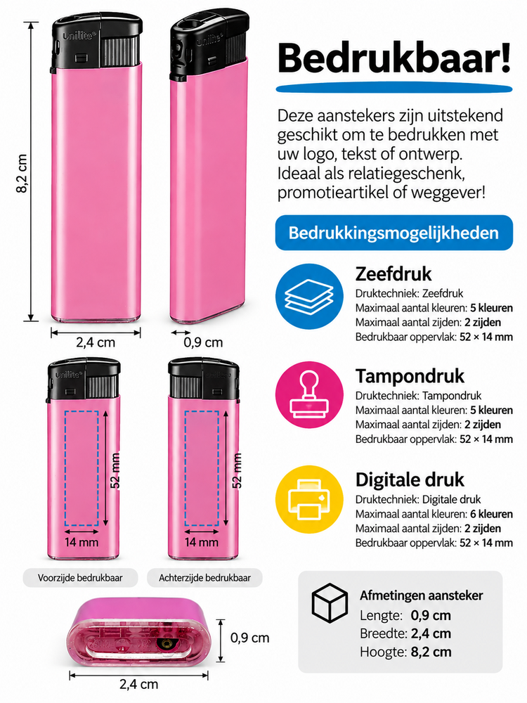 Unilite NC Roze Blanco Bedrukbare Aanstekers &ndash; Zacht vlam - 50 stuks