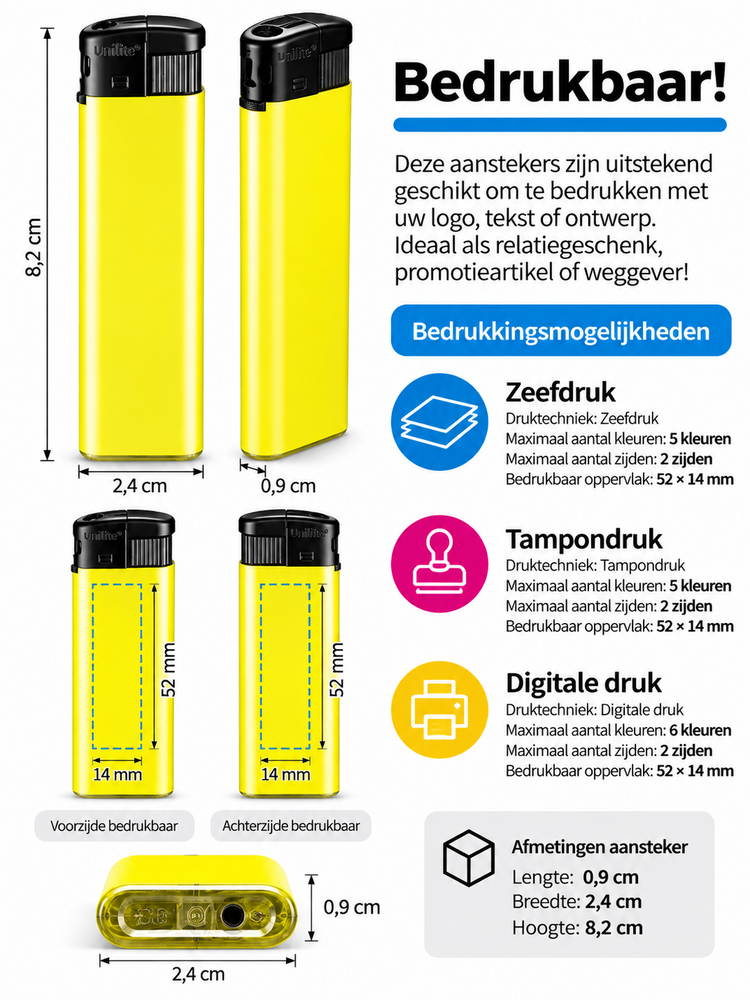 Unilite&reg; NC Gele Blanco Bedrukbare Aanstekers &ndash; Zacht vlam - 50 stuks