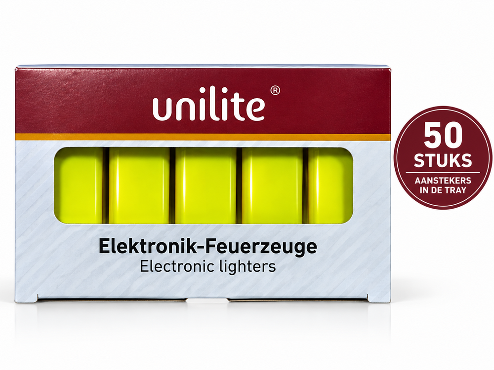 Unilite&reg; NC Gele Blanco Bedrukbare Aanstekers &ndash; Zacht vlam - 50 stuks