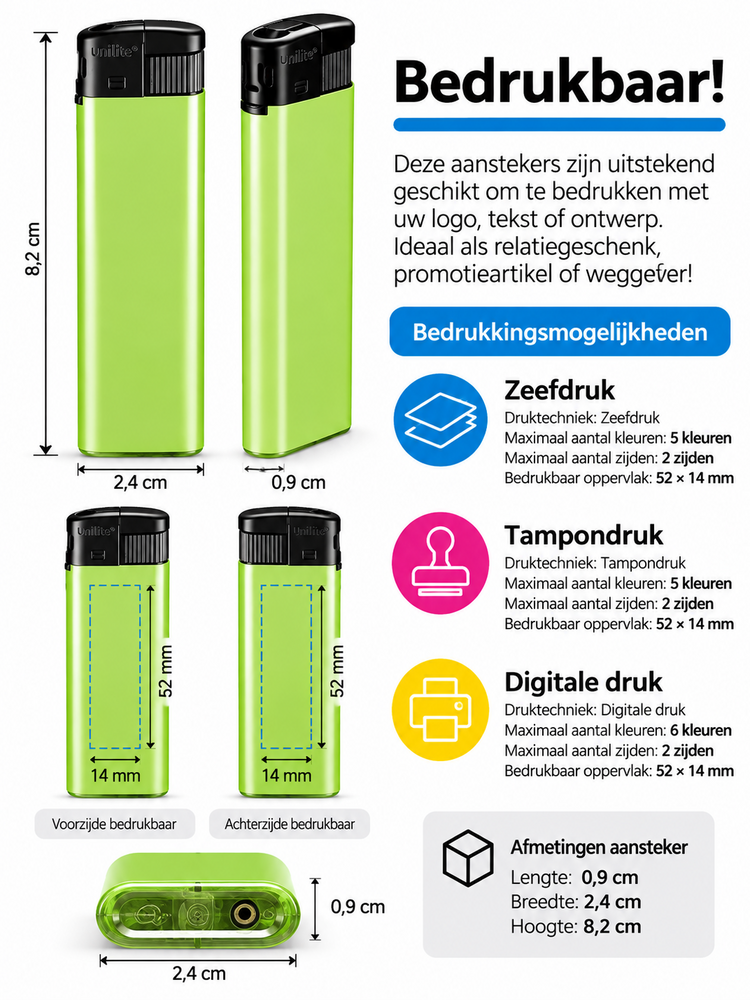 Unilite&reg; NC Groen Blanco Bedrukbare Aanstekers &ndash; Zacht vlam - 50 stuks