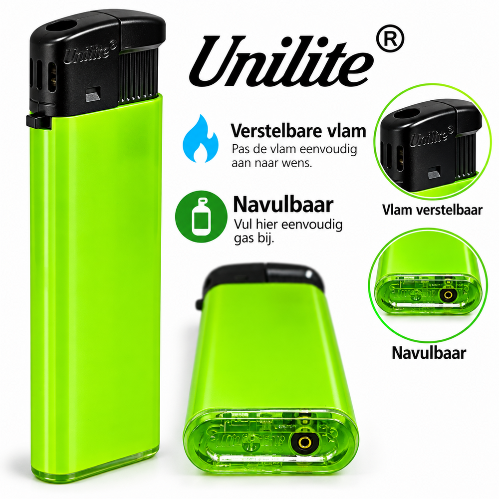 Unilite&reg; NC Groen Blanco Bedrukbare Aanstekers &ndash; Zacht vlam - 50 stuks