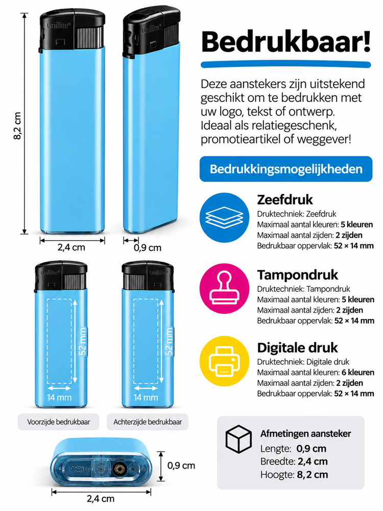 Unilite&reg; NC Blue Blanco Bedrukbare Aanstekers &ndash; Zacht vlam - 50 stuks