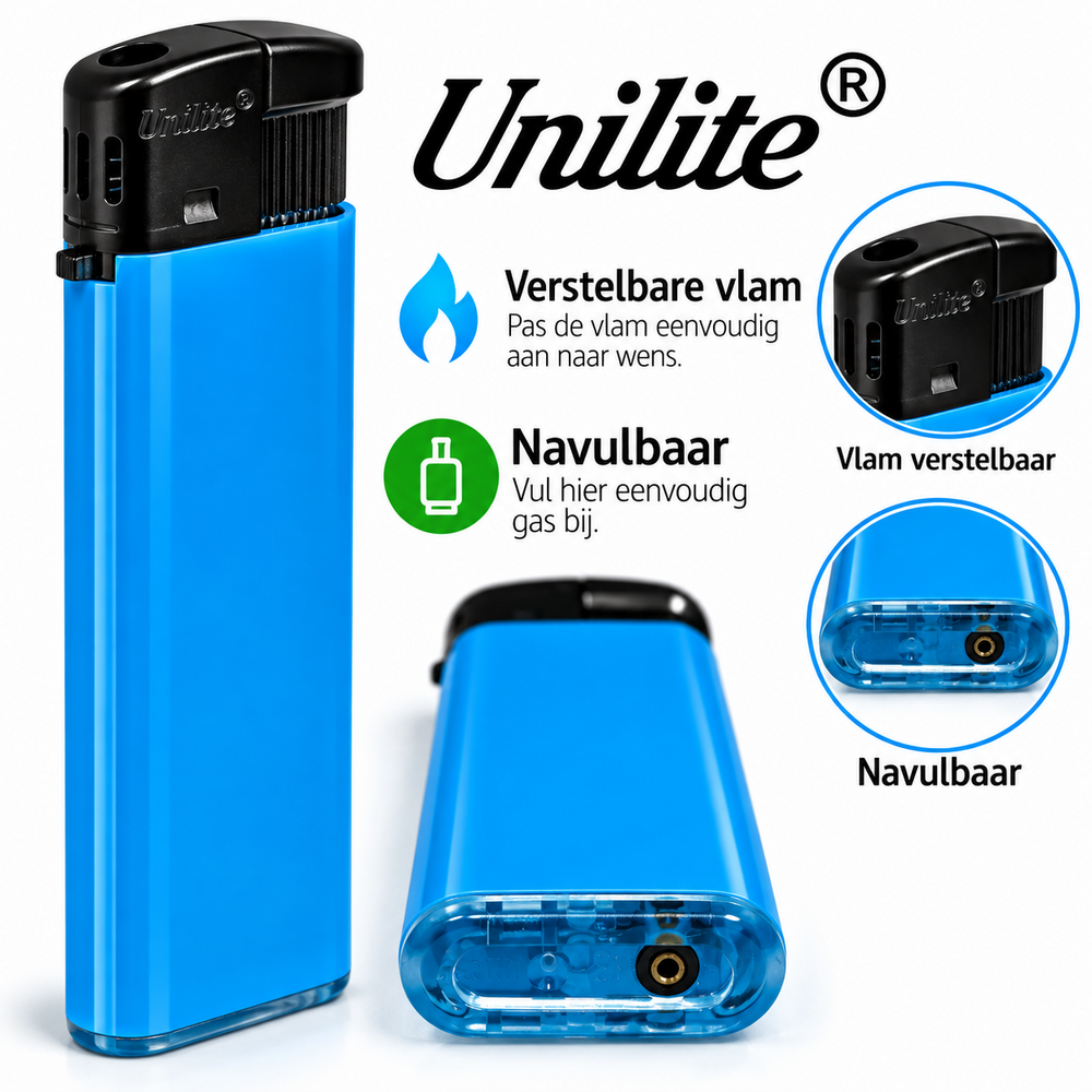 Unilite&reg; NC Blue Blanco Bedrukbare Aanstekers &ndash; Zacht vlam - 50 stuks