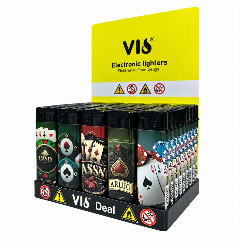 Aanstekers 50 stuks - Casino Poker Design  &ndash; Navulbaar &ndash; Zachte Verstelbare Vlam