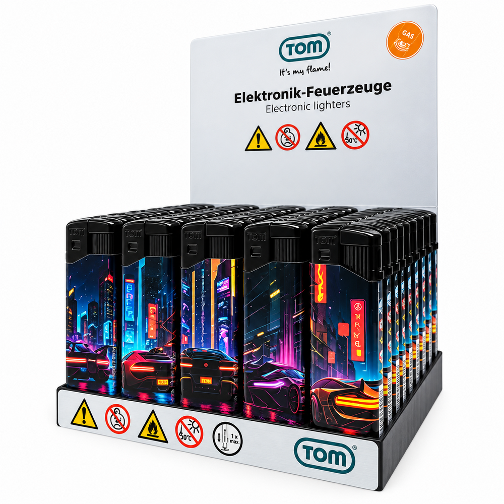 TOM&reg; Night Rider Aanstekers &ndash; Stoere Auto Print Aanstekers (50 stuks) &ndash; Navulbaar &amp; Verstelbaar vlam