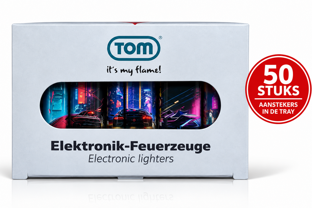 TOM&reg; Night Rider Aanstekers &ndash; Stoere Auto Print Aanstekers (50 stuks) &ndash; Navulbaar &amp; Verstelbaar vlam