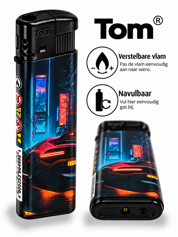 TOM&reg; Night Rider Aanstekers &ndash; Stoere Auto Print Aanstekers (50 stuks) &ndash; Navulbaar &amp; Verstelbaar vlam