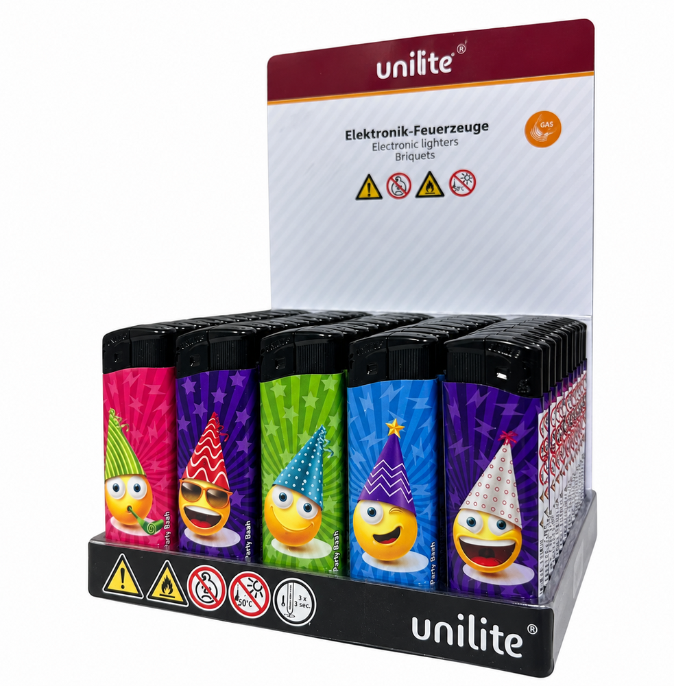 Unilite Emoji Print Lighters - Cheerful Party Bash Lighter - Refillable Fix Flame - 50 pieces per tray