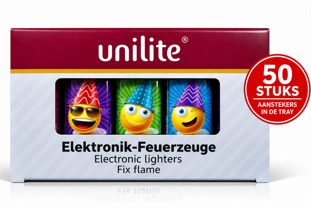Unilite Emoji Print Lighters - Cheerful Party Bash Lighter - Refillable Fix Flame - 50 pieces per tray