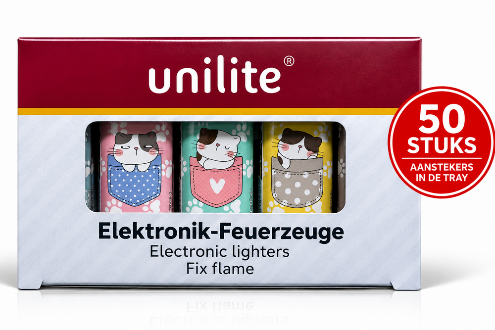 Unilite Lighters Pocket Cats &ndash; Cute cat print - Fix Flame Lighters 50 pieces per tray