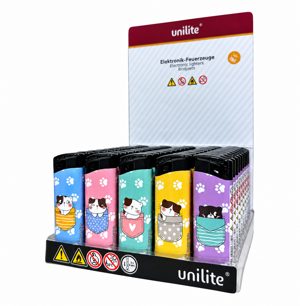 Unilite Lighters Pocket Cats &ndash; Cute cat print - Fix Flame Lighters 50 pieces per tray