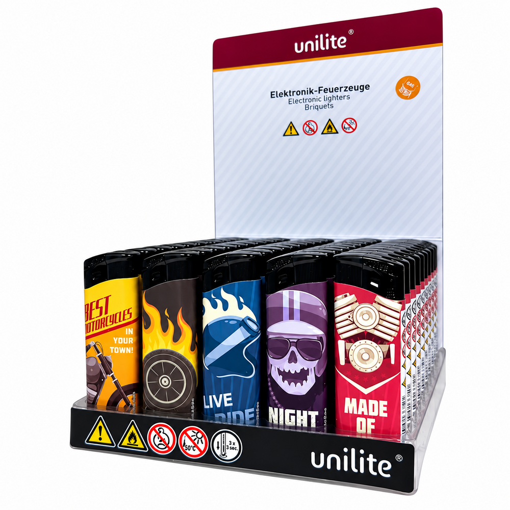 Lighters - click - Refillable Fix Flame - 50 pieces per tray Unilite Rock-'n-roll Print