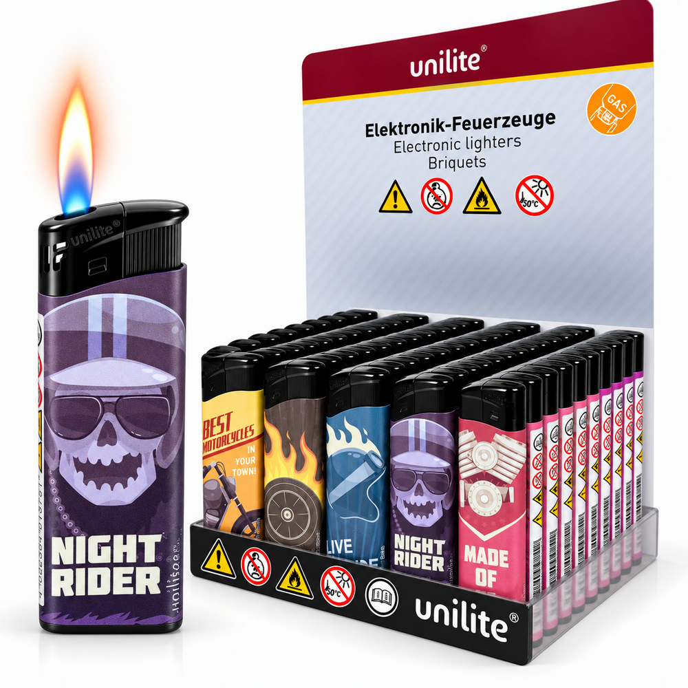 Lighters - click - Refillable Fix Flame - 50 pieces per tray Unilite Rock-'n-roll Print