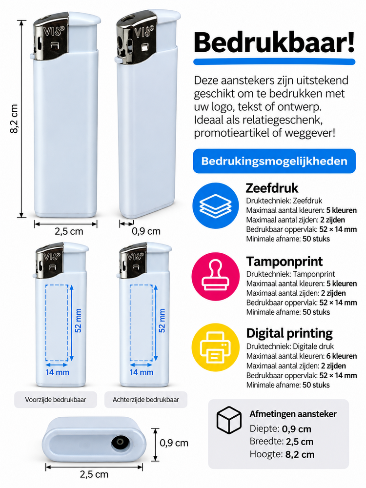 Aanstekers 50 stuks - wit - bedruk aansteker - navulbaar