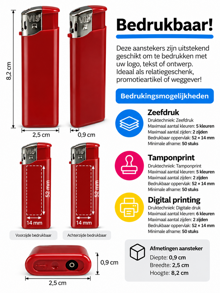 Aanstekers 50 stuks in tray - bedruk aanstekers- navulbaar - reclame aanstekers rood