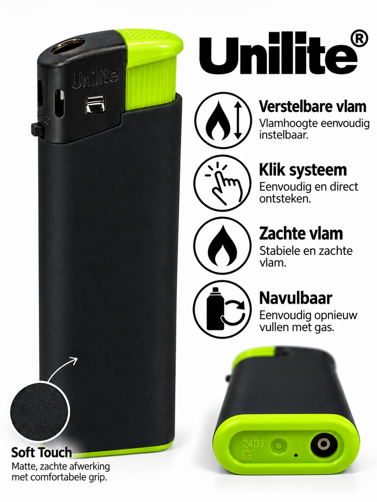 Klik Aanstekers Unilite - Matt rubber zwart - 50 stuks in tray - navulbaar