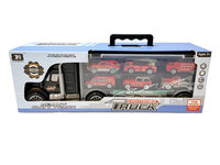 Brandweer vrachtwagen transporter truck - speelgoed mini brandweerauto's - 6-delig set koffer - Oplegger voor 12 brandweerwagens - 39cm