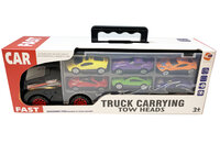 Vrachtwagen transporter truck - speelgoed mini auto's - 6-delig set koffer - Oplegger voor 12 auto's- 31cm