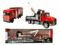 DIE-CAST Vrachtwagen autotransporter&nbsp;+ Brandweerauto 2in1 - pull-back drive