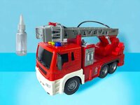 Brandweerwagen - met sproeislang en ladderwagen - Frictie -  geluid en lichtjes - 25 cm