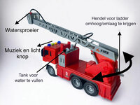 Brandweerwagen - met sproeislang en ladderwagen - Frictie -  geluid en lichtjes - 25 cm