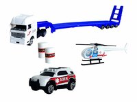Vrachtwagen Ambulance + auto en helikopter - DIE-CAST - autotransporter + 2 mini auto's 3in1