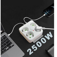 EU-stekkerdoos met 4 stopcontacten en USB-oplaadpoorten - 2 USB en 1 USB C - 2500W