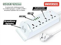 Universeel stekkerdoos met 4 stopcontacten en 3 USB-ingangen - 2 USB-C 20W + draadloze oplader voor mobiele apparaten